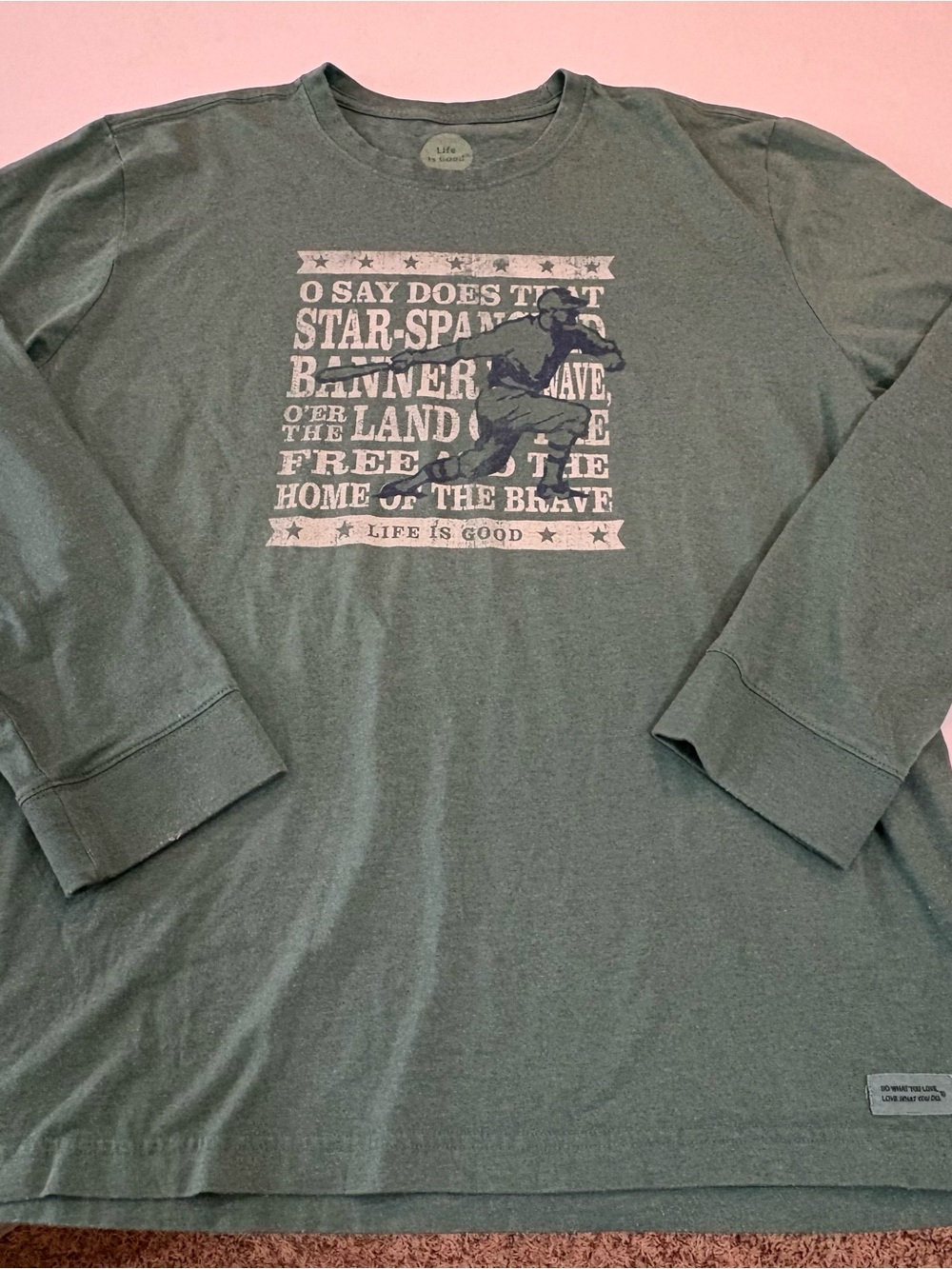 Life Is Good Men's Olive Green Long-Sleeve Patriotic Baseball Graphic Tee | XL